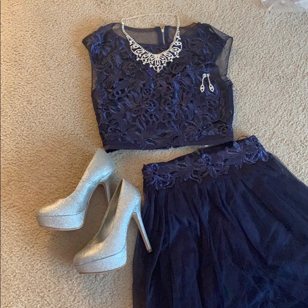 Dark Navy Blue Two Piece Lace Formal Prom Dress
